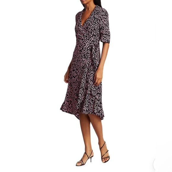 GANNI black and pink floral wrap midi dress one size fits all - Picture 5 of 11